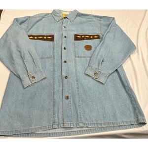 Western Denim Shirt Leather Embroidery Design Retro Style Vintage button up